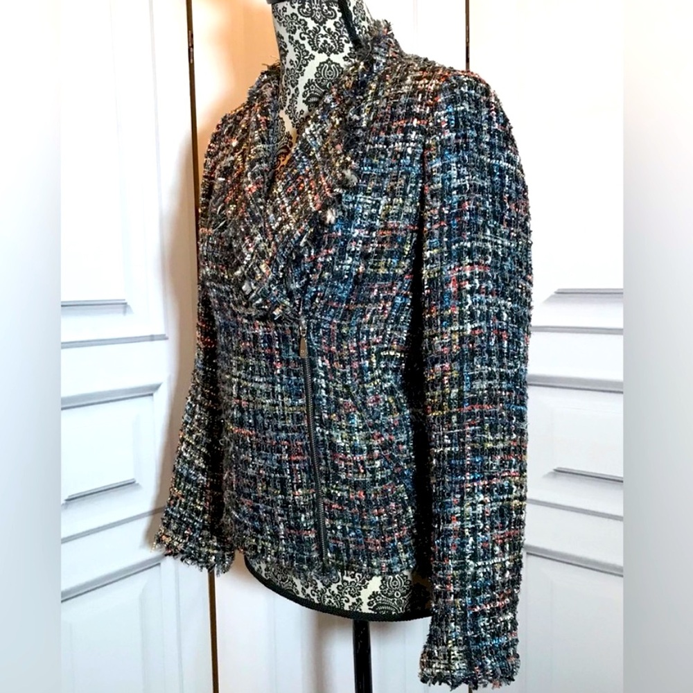 Moto Style Bright Colors Frayed Tweed Jacket by CeCe Zip Front Silver Zipper
